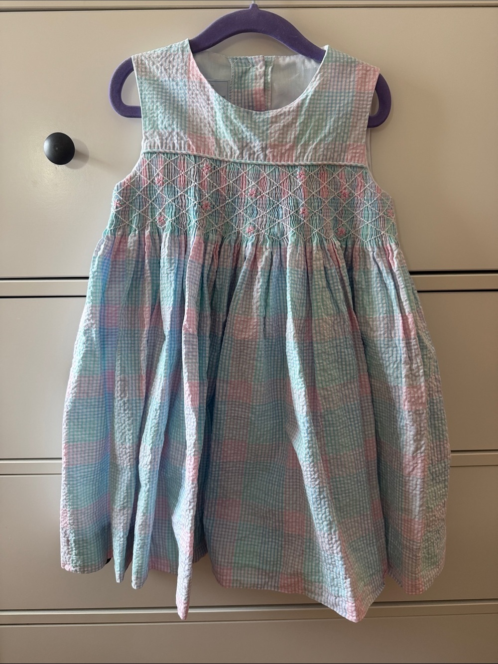 Little English Pastel Smocked Seersucker Dress in Blue, Pink & Mint